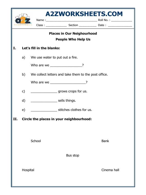 A2ZWorksheets:Science-Humans-Places In Our Neighbourhood And People Who Help Us
