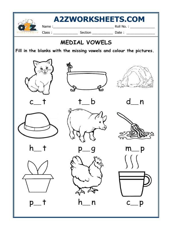 A2ZWorksheets:English-Grammar-Medial Vowels