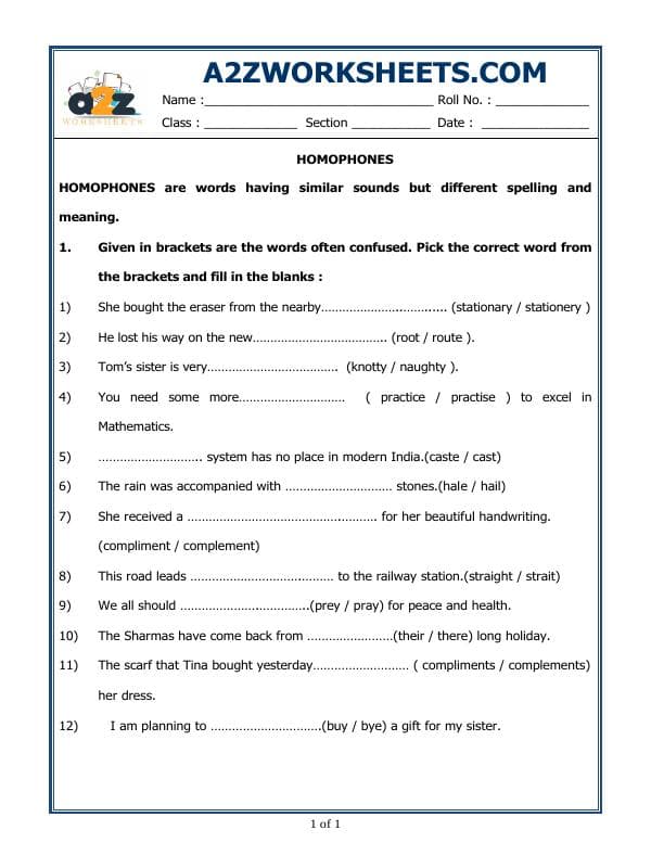 A2ZWorksheets:English-Grammar-Homophones