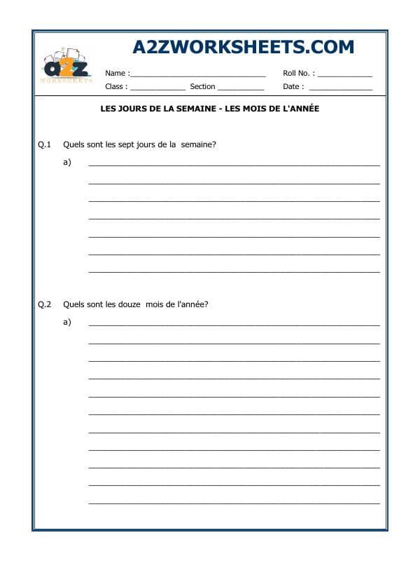 A2ZWorksheets:Language-French-French Worksheet - Les Jours De La Semaine - Les Mois De L'Année