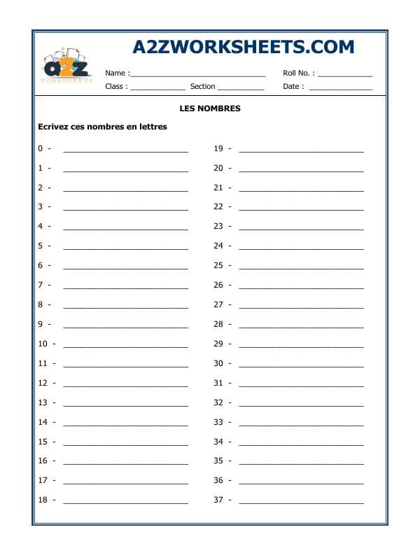 A2ZWorksheets:Language-French-French Worksheet - Les Nombres