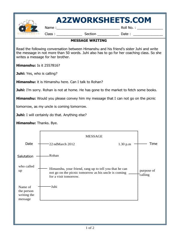 A2ZWorksheets:English-Writing-Message Writing
