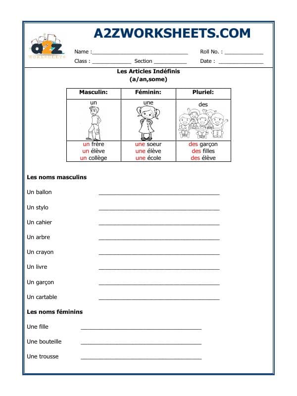 A2ZWorksheets:Language-French-French Worksheet - Les Articles Indéfinis