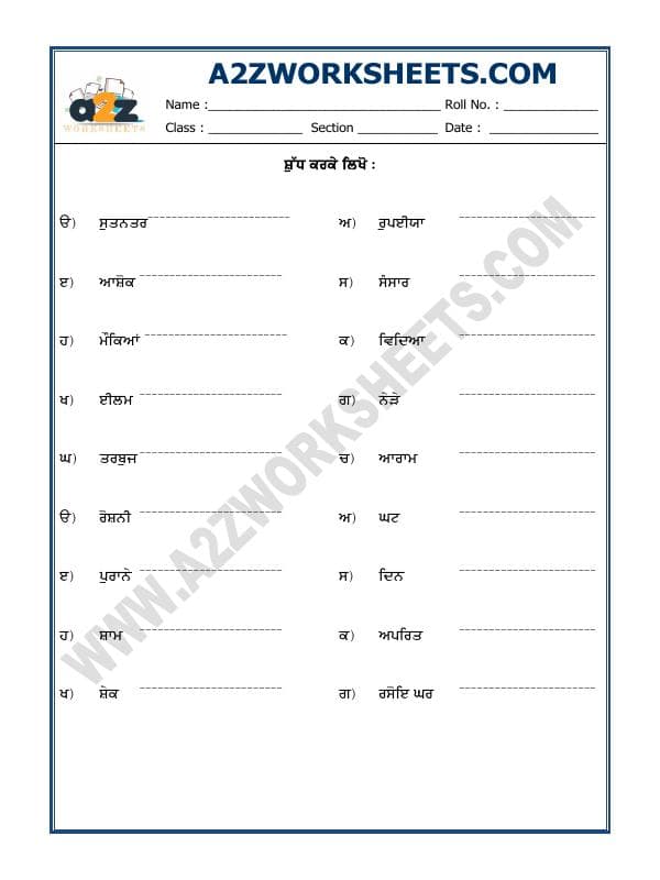 Punjabi Worksheet - Sudh Karke Likho (Write Correctly)