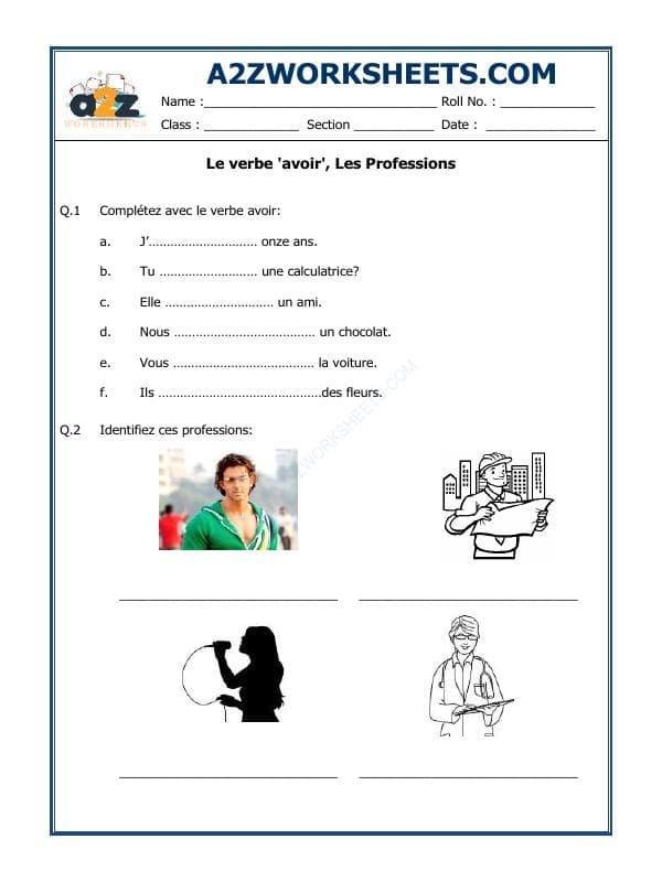 A2ZWorksheets:Language-French-French Worksheet - Le Verbe 'Avoir', Les Professions