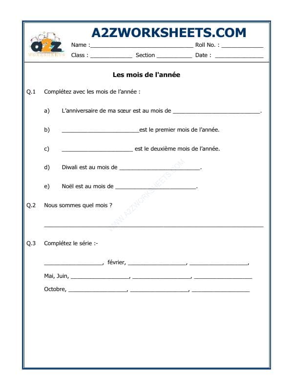 A2ZWorksheets:Language-French-French Worksheet - Les Mois De L'Année
