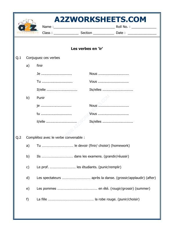 A2ZWorksheets:Language-French-French Worksheet - Les Verbes En 'Ir'