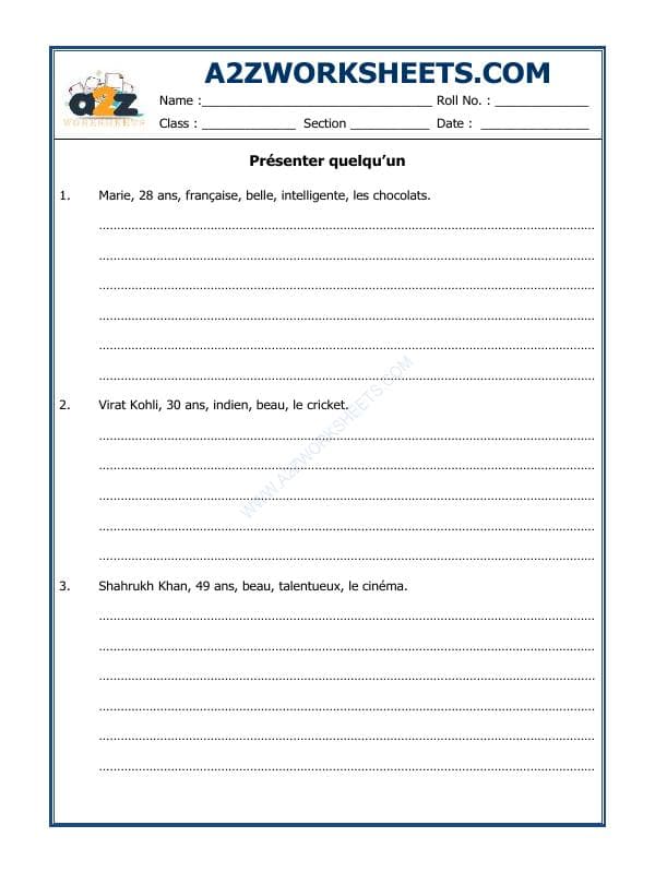 A2ZWorksheets:Language-French-French Worksheet - Présenter Quelqu’Un