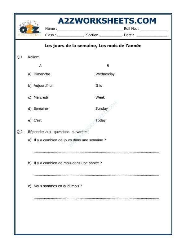 A2ZWorksheets:Language-French-French Worksheet - Les Jours De La Semaine, Les Mois De L'Année