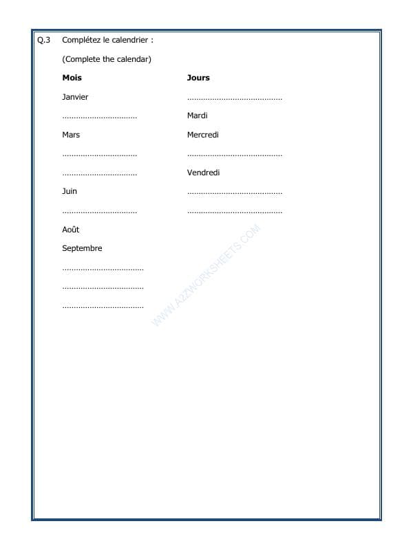A2ZWorksheets:Language-French-French Worksheet - Les Jours De La Semaine, Les Mois De L'Année
