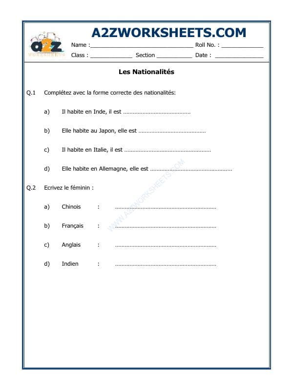 French Worksheet - Les Nationalités