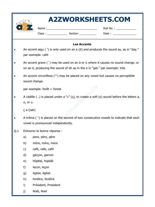 A2ZWorksheets:Language-French-French Worksheet - Les Accents