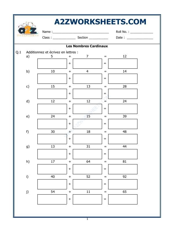 A2ZWorksheets:Language-French-French Worksheet - Les Nombres Cardinaux