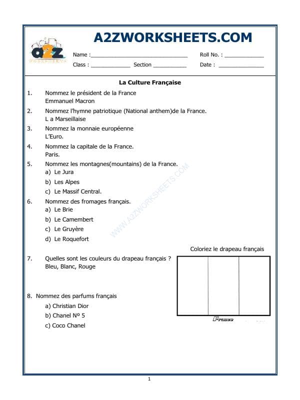 A2ZWorksheets:Language-French-French Worksheet - La Culture Française