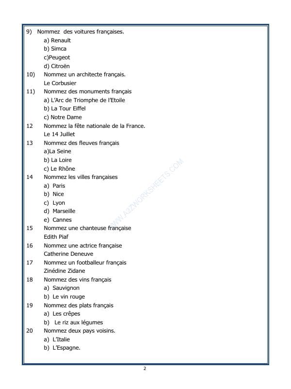 A2ZWorksheets:Language-French-French Worksheet - La Culture Française