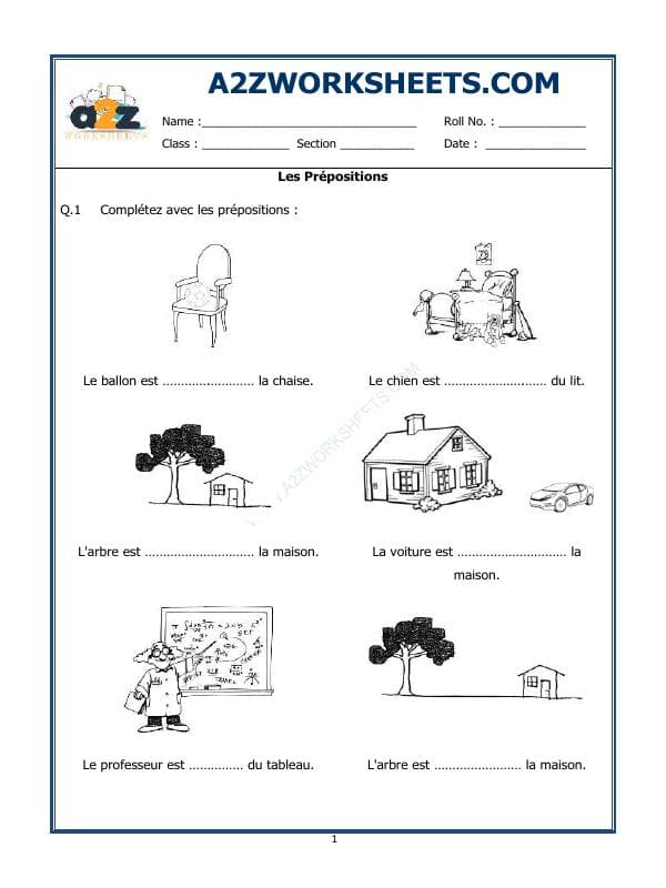 A2ZWorksheets:Language-French-French Worksheet - Les Prépositions
