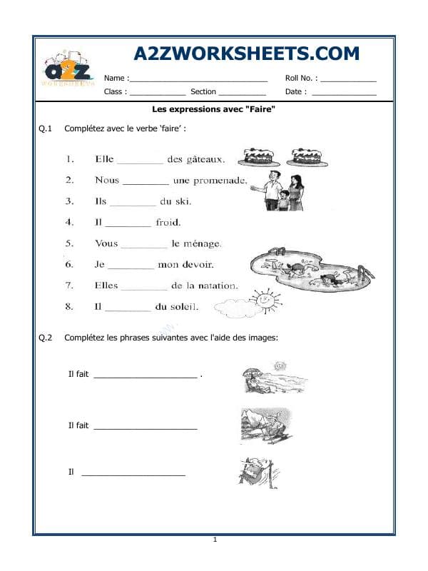 A2ZWorksheets:Language-French-French Worksheet - Les Expressions Avec - Faire