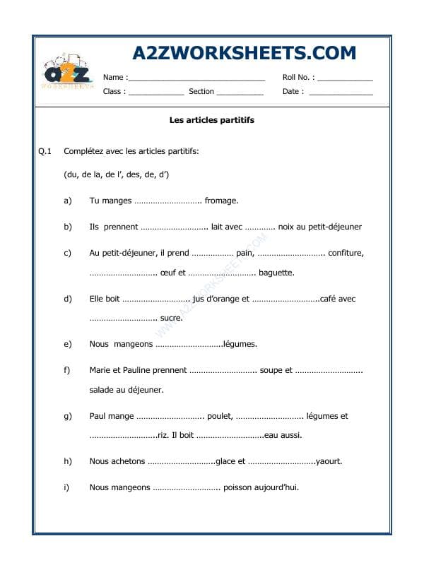 A2ZWorksheets:Language-French-French Worksheet - Les Articles Partitifs