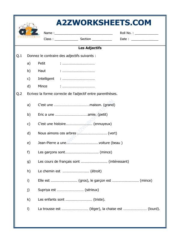 A2ZWorksheets:Language-French-French Worksheet - Les Adjectifs