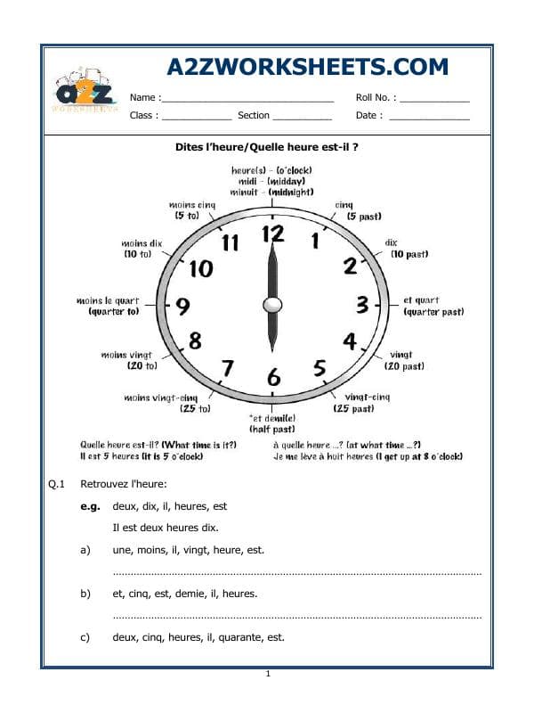 A2ZWorksheets:Language-French-French Worksheet - Dites L’Heure-Quelle Heure Est-Il