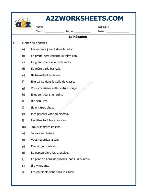 A2ZWorksheets:Language-French-French Worksheet - La Négation