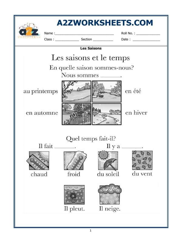 A2ZWorksheets:Language-French-French Worksheet - Les Saisons