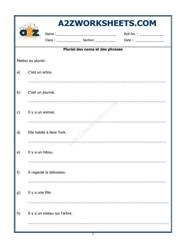 A2ZWorksheets:Language-French-French Worksheet - Pluriel Des Noms Et Des Phrases