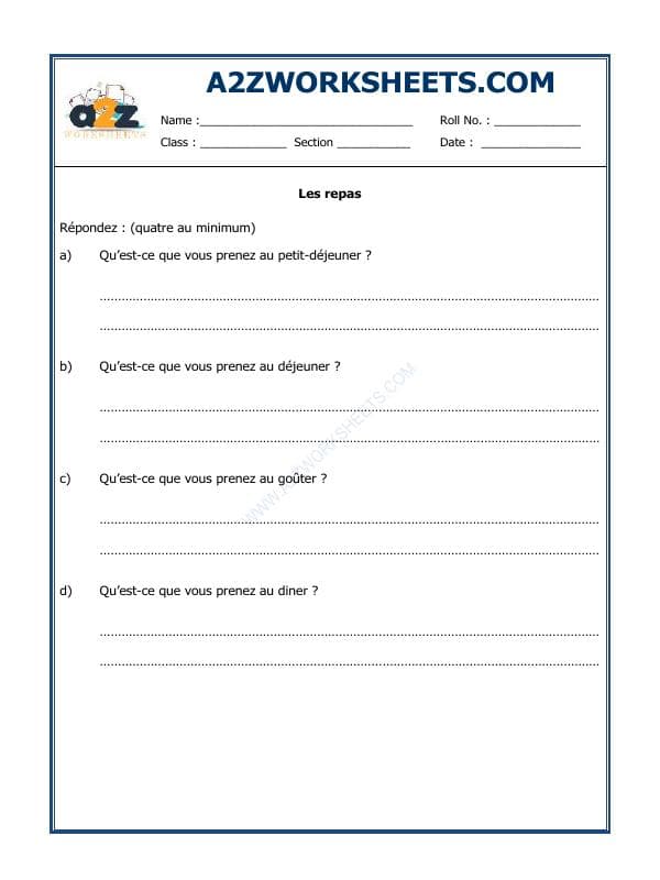 A2ZWorksheets:Language-French-French Worksheet - Les Repas