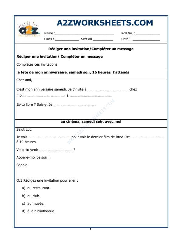 French Worksheet - Rédiger Une Invitation-Compléter Un Message