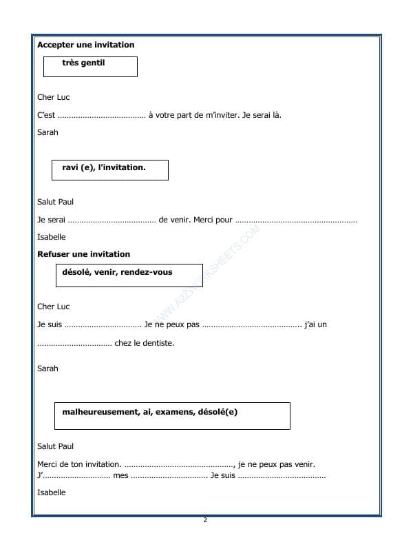 A2ZWorksheets:Language-French-French Worksheet - Rédiger Une Invitation-Compléter Un Message