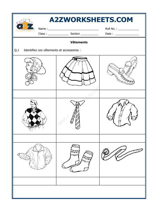 A2ZWorksheets:Language-French-French Worksheet - Vêtements
