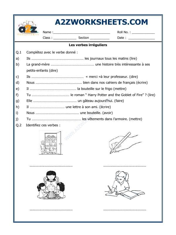 A2ZWorksheets:Language-French-French Worksheet - Les Verbes Irréguliers
