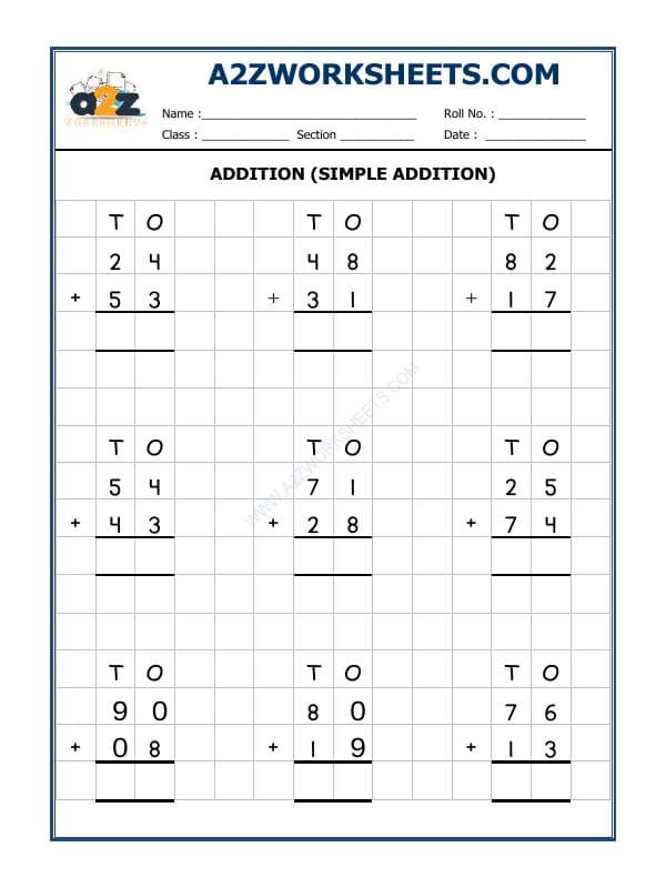 A2ZWorksheets:Maths-Addition-Addition Worksheet-02 (Simple Addition)