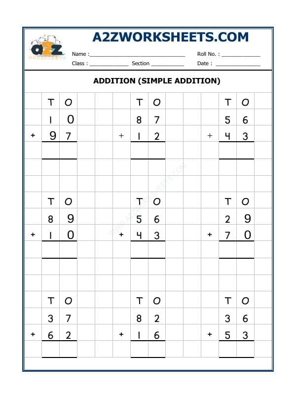 A2ZWorksheets:Maths-Addition-Addition Worksheet-03 (Simple Addition)