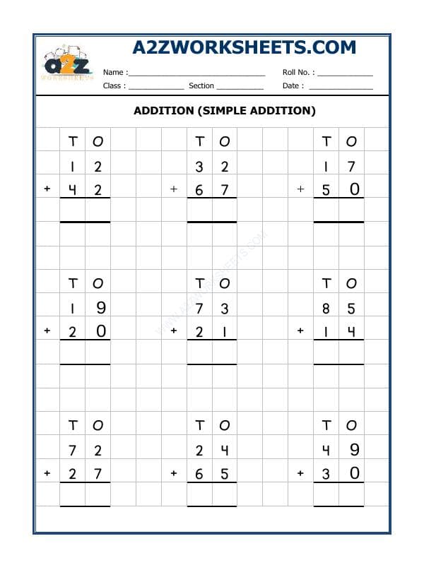 A2ZWorksheets:Maths-Addition-Addition Worksheet-04 (Simple Addition)