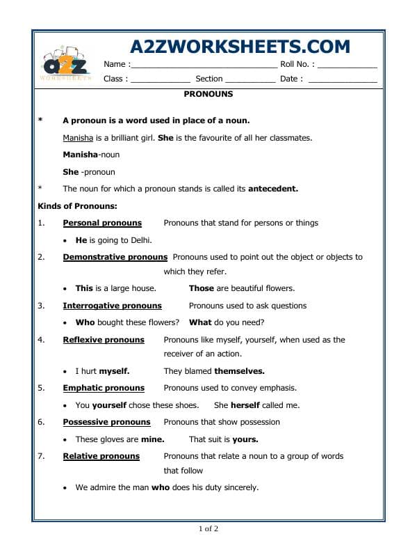 A2ZWorksheets:English-Grammar-Pronouns