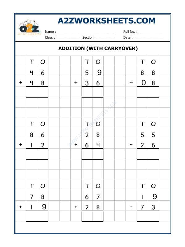 A2ZWorksheets:Maths-Addition-Addition Worksheet-02 (Addition With Carryover)