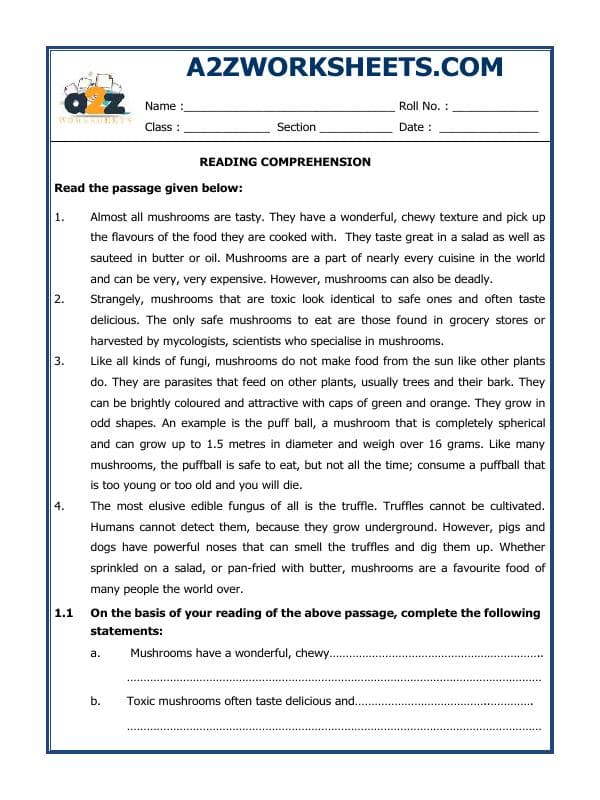 A2ZWorksheets:English-Reading-Comprehension Passage-01