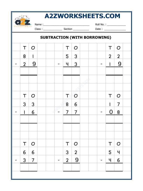 A2ZWorksheets:Maths-Subtraction-Subtraction Worksheet (With Borrowing)-01