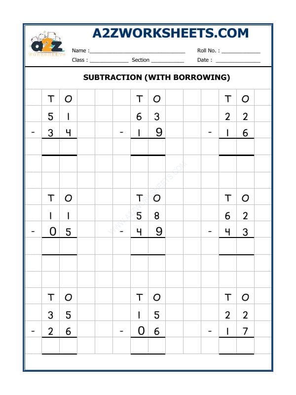 A2ZWorksheets:Maths-Subtraction-Subtraction Worksheet (With Borrowing)-02