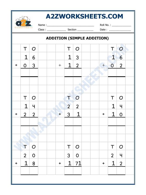 A2ZWorksheets:Maths-Addition-Addition Worksheet-02 (Simple Addition)
