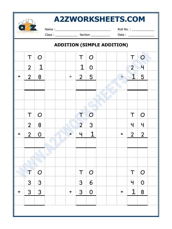 A2ZWorksheets:Maths-Addition-Addition Worksheet-03 (Simple Addition)