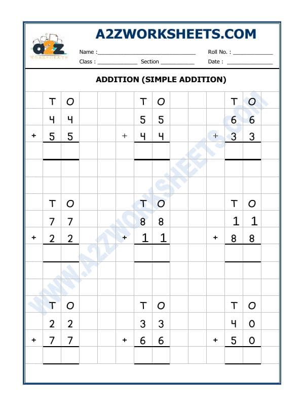 A2ZWorksheets:Maths-Addition-Addition Worksheet-04 (Simple Addition)