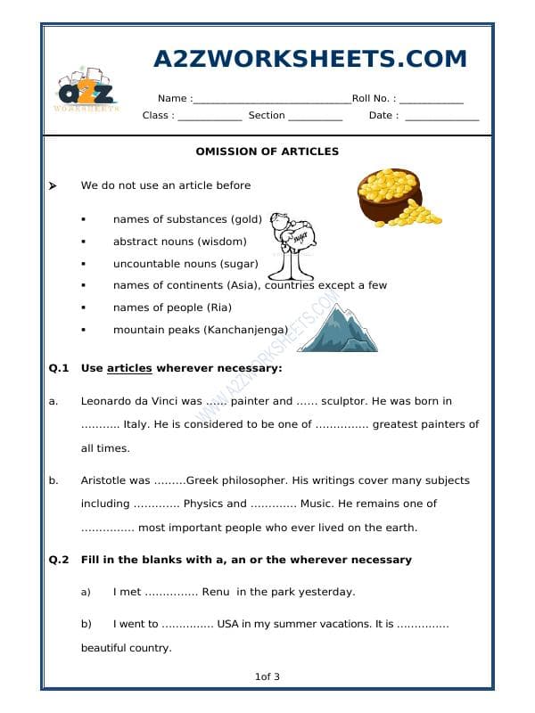 A2ZWorksheets:English-Grammar-Omission Of Articles