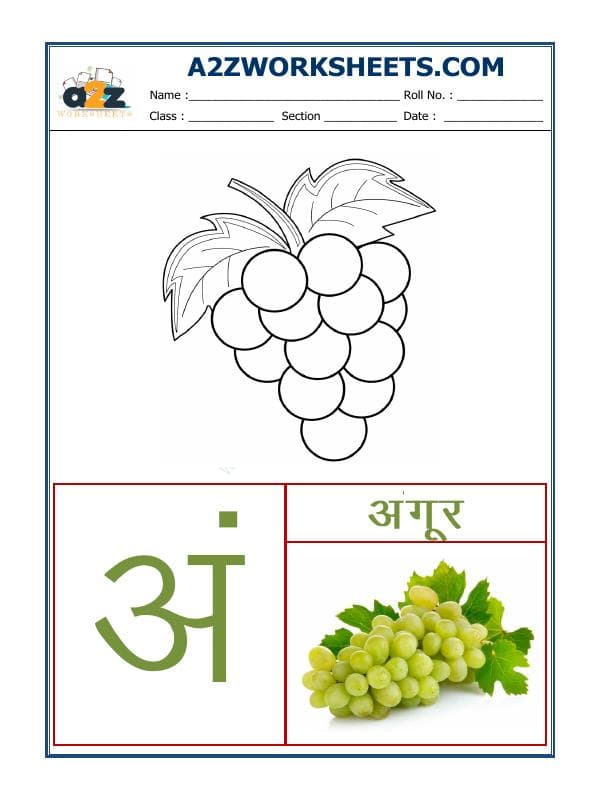 A2ZWorksheets:Language-Hindi-Hindi Varnmala - Akshar Ang (अं)
