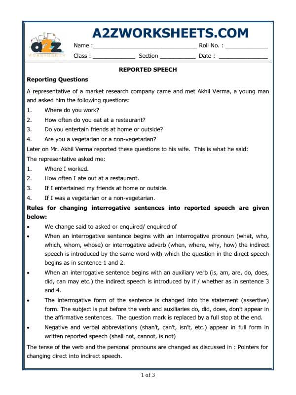 A2ZWorksheets:English-Grammar-Reported Speech