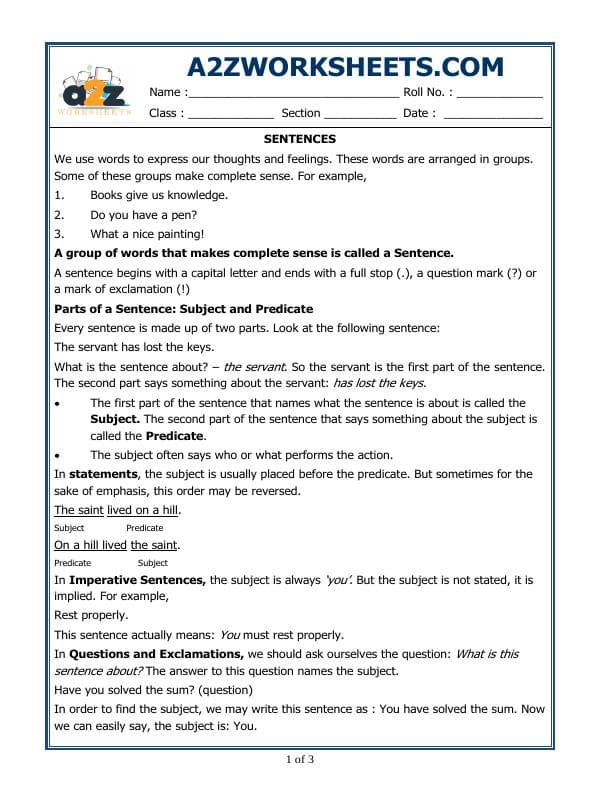 A2ZWorksheets:English-Grammar-Sentences