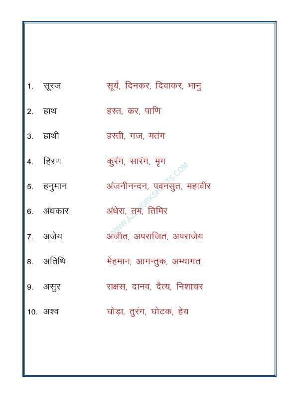 A2ZWorksheets:Language-Hindi-Hindi Grammar- Paryayvachi Shabd-06 (पर्यायवाची शब्द)
