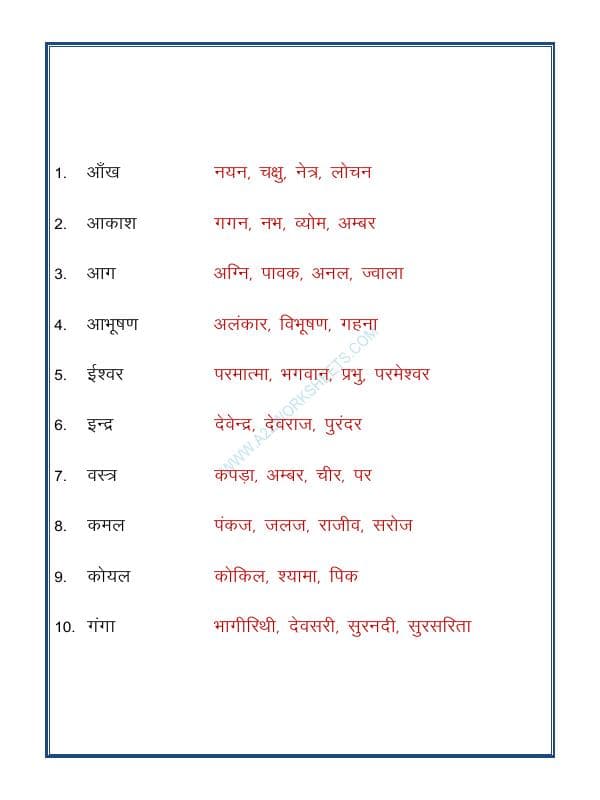 A2ZWorksheets:Language-Hindi-Hindi Grammar- Paryayvachi Shabd-07 (पर्यायवाची शब्द)