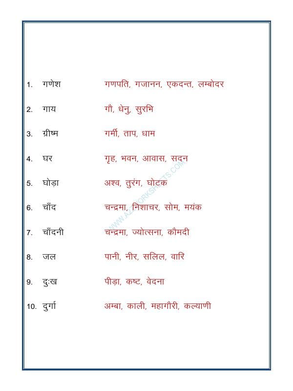 A2ZWorksheets:Language-Hindi-Hindi Grammar- Paryayvachi Shabd-08 (पर्यायवाची शब्द)